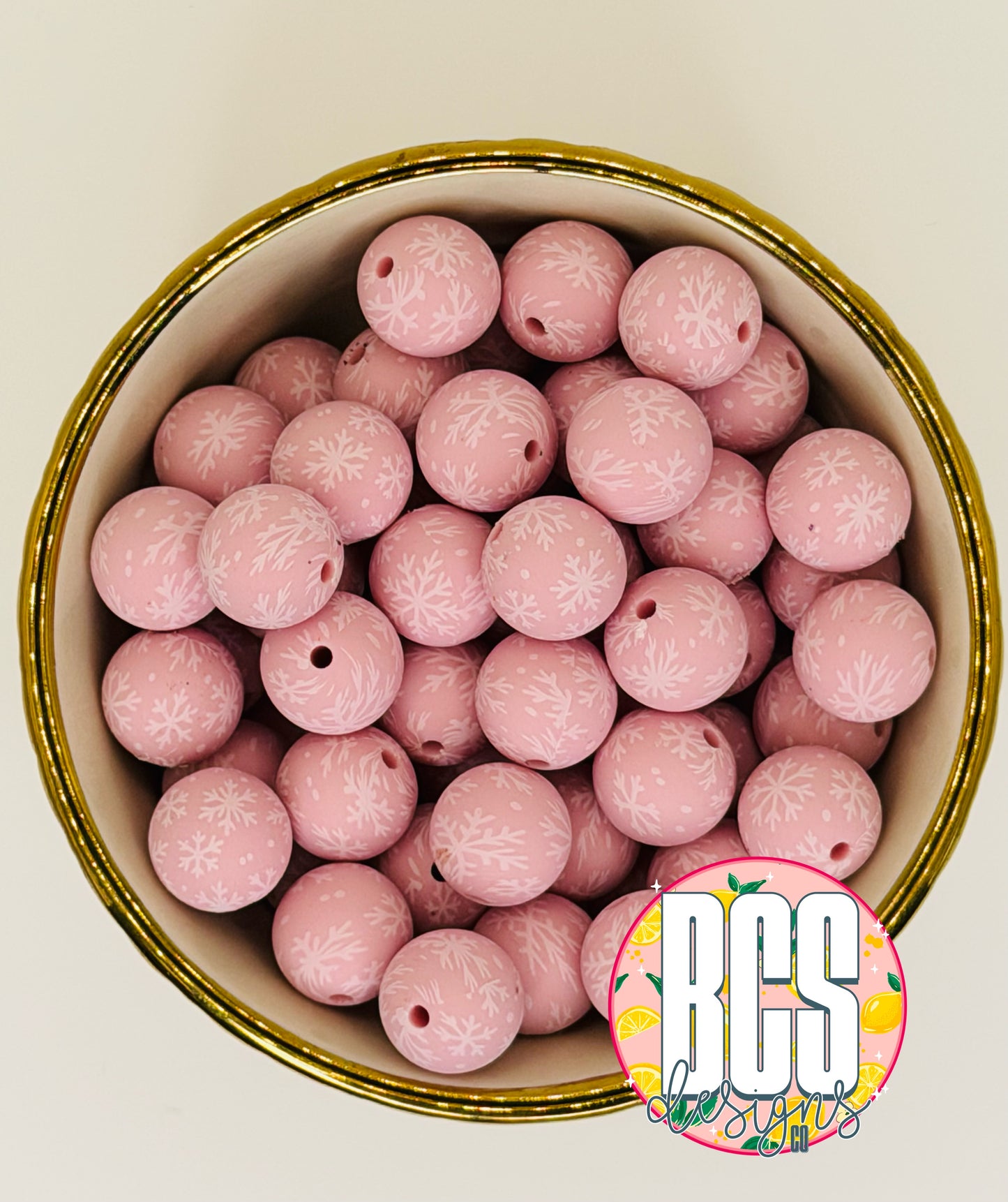 Pink Snowflake 15mm Printed Silicone Bead (5 Pack) EXCLUSIVE