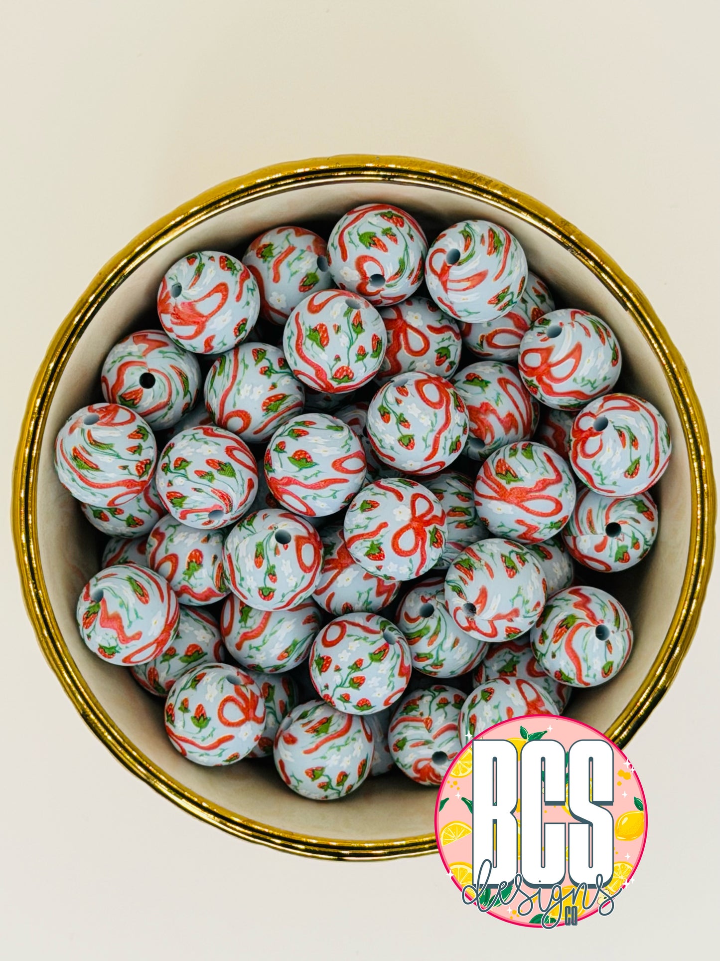 Strawberry Coquette 15mm Printed Silicone Bead (5 pack)BCS EXCLUSIVE (collab)