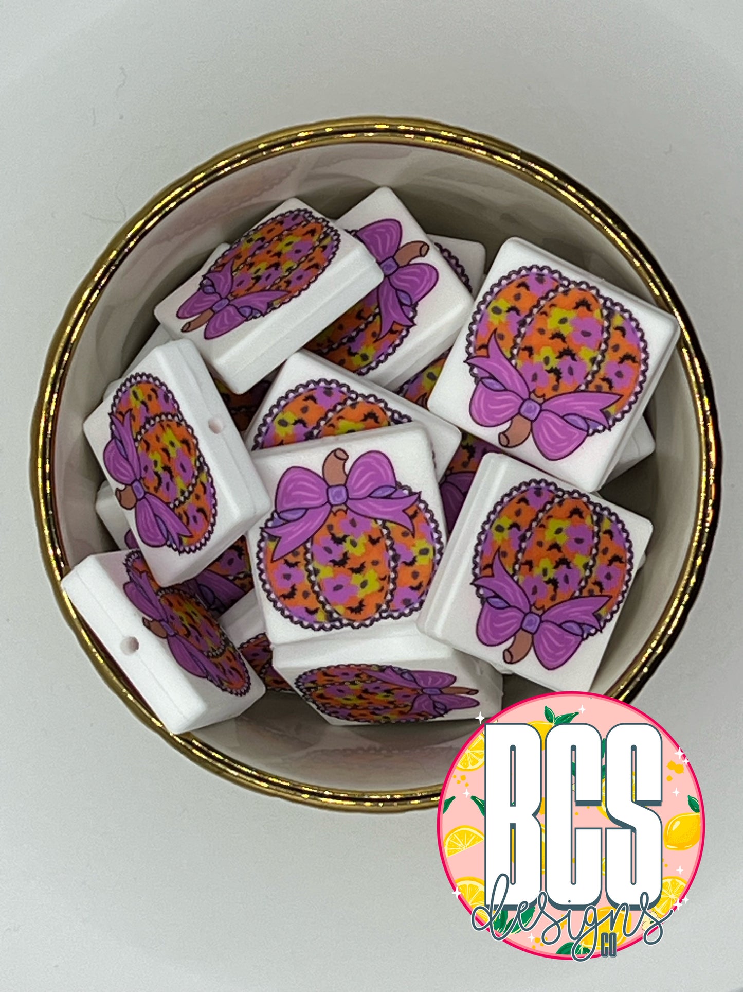 Pumpkin W/ Purple Bow Focal Bead