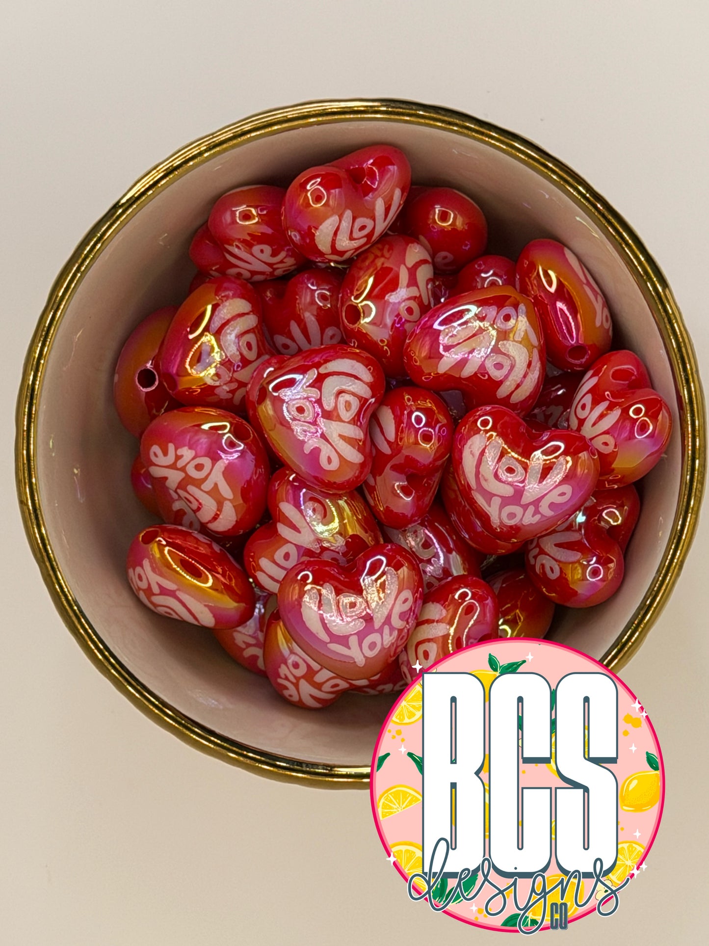 I Love You Red Heart AB Acrylic Bead (Sold Individually)