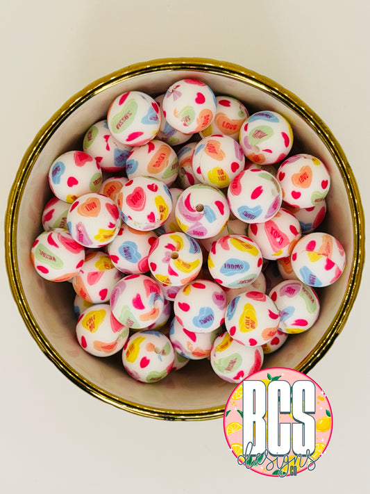 Conversation Hearts 15mm Printed Silicone Bead (5 pack)BCS EXCLUSIVE (collab)