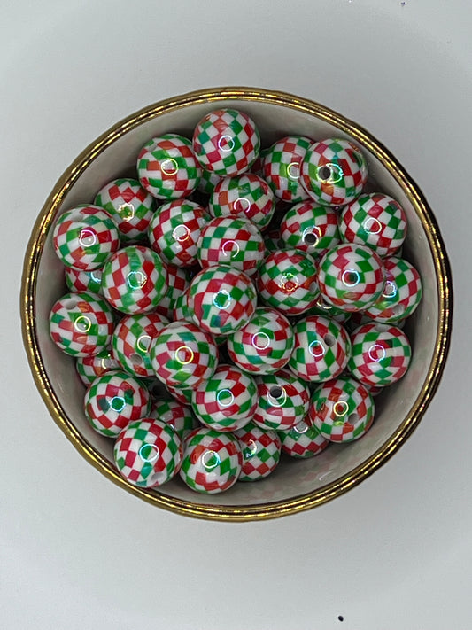 Christmas Checkered 16mm Acrylic Bead (Sold Individually)