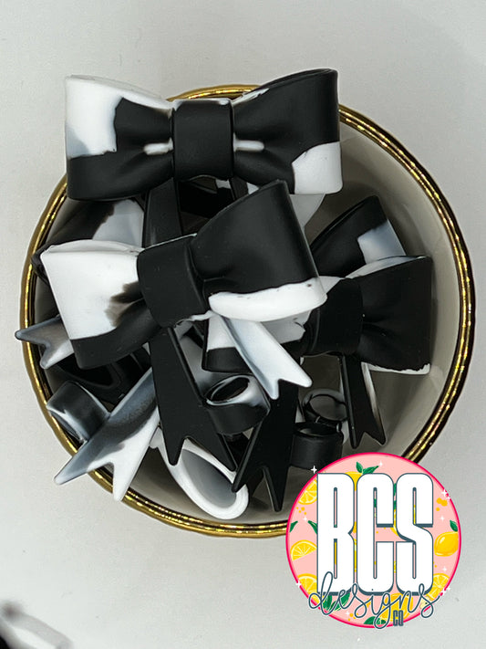 Black/White Tie Dye Bow Straw Topper