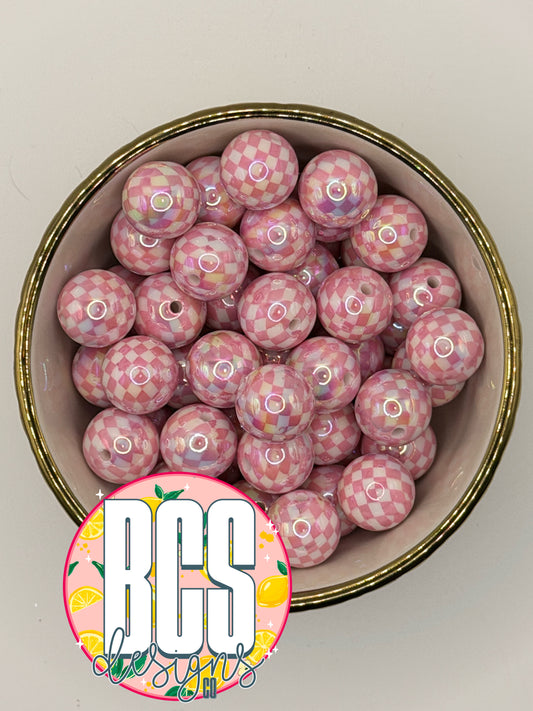 Pink/White Checkered AB 16mm Acrylic Bead (Sold Individually)