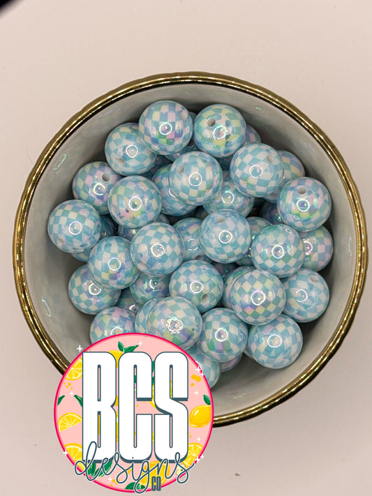 Blue/White Checkered AB 16mm Acrylic Bead (Sold Individually)