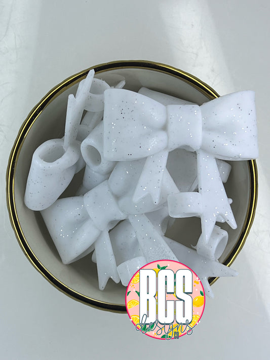 White Glitter Bow Straw Topper