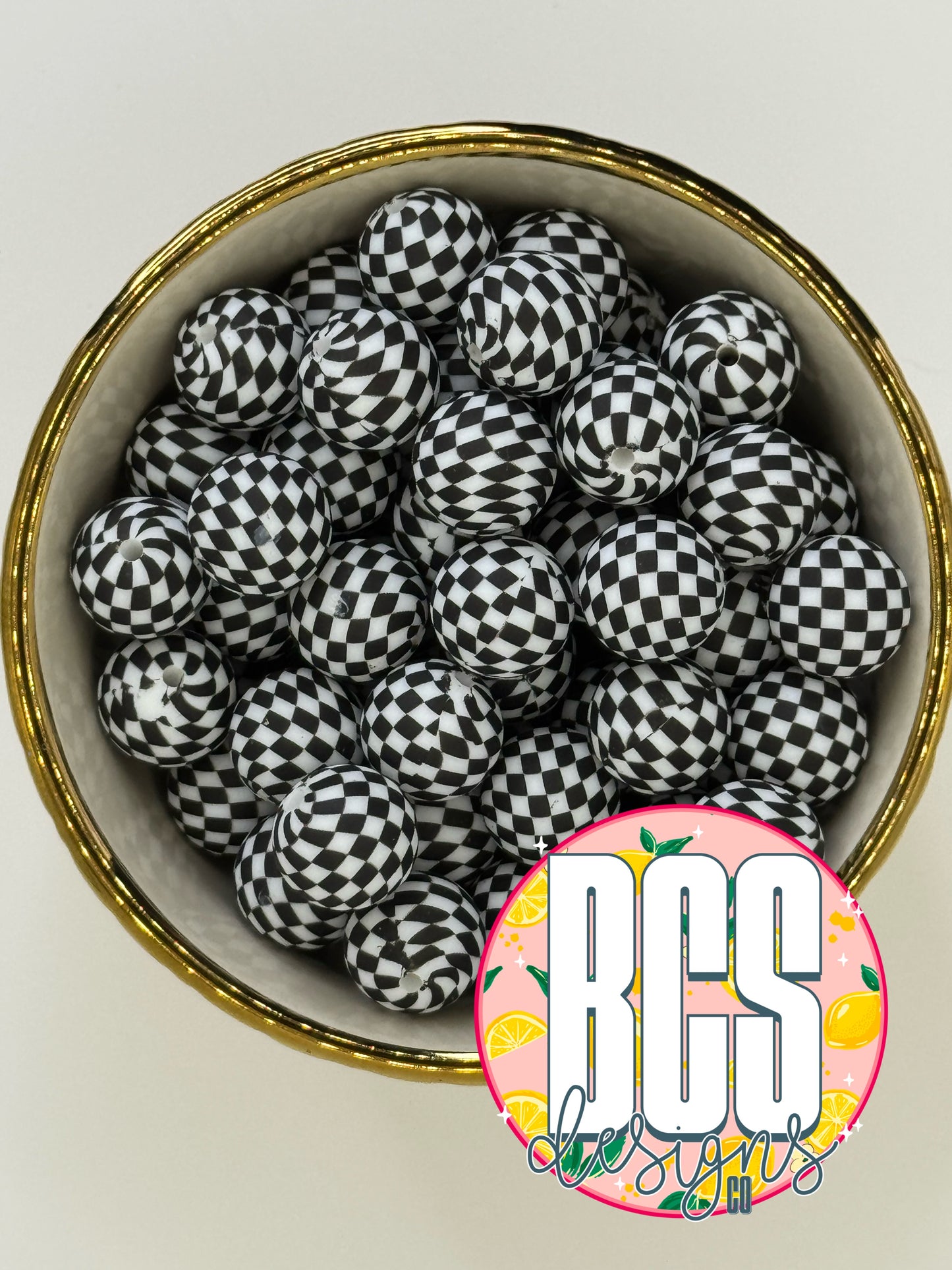 Black/White Checkered 15mm Printed Silicone Bead (5 pack)