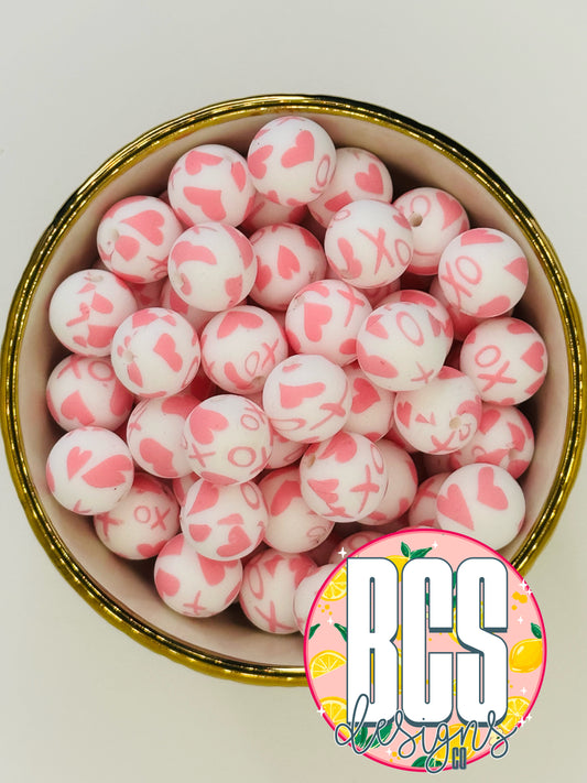 Pink XOXO 15mm Printed Silicone Bead (5 pack)