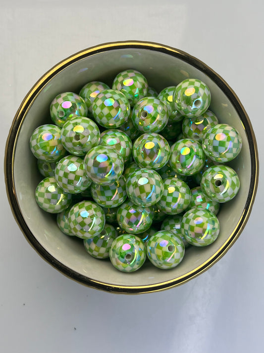 Lime Green/White Checkered AB 16mm Acrylic Bead (Sold Individually)