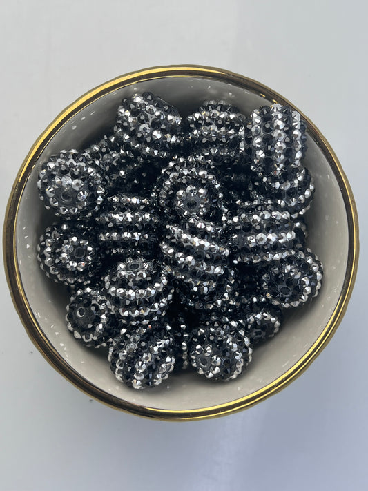 Black/Silver Striped Rhinestone Beads 20mm (10 pack)